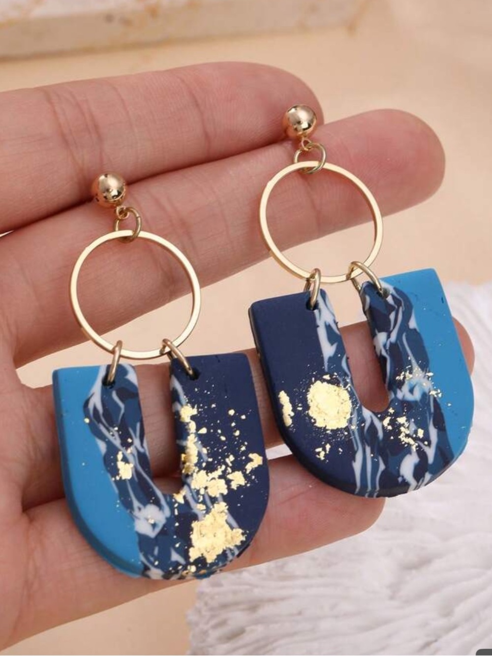 Blue Marble U-Shape Drop Earrings with Gold Accent